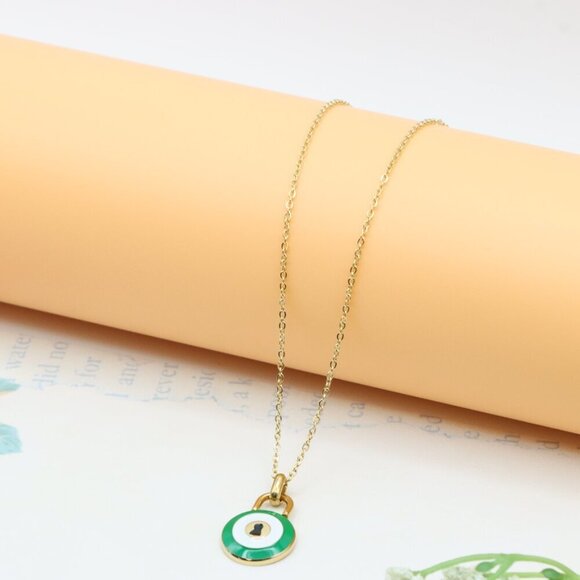 Gold Plated Green Evil Eye Pendant Necklace, XPNL0306 - Picture 10 of 13